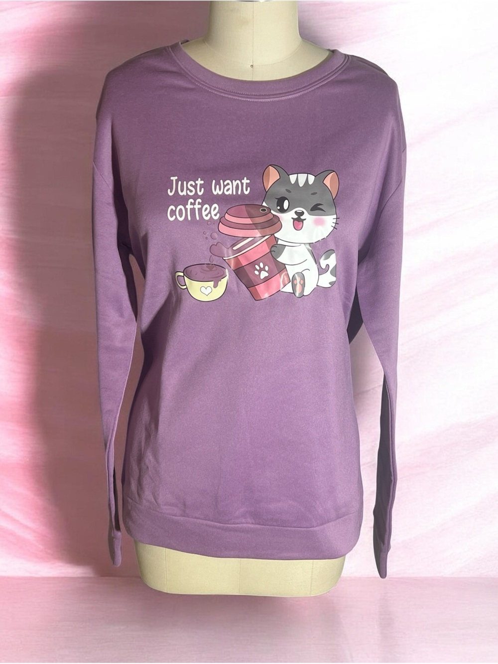 Cat Coffee Graphic Sweatshirt - Purple